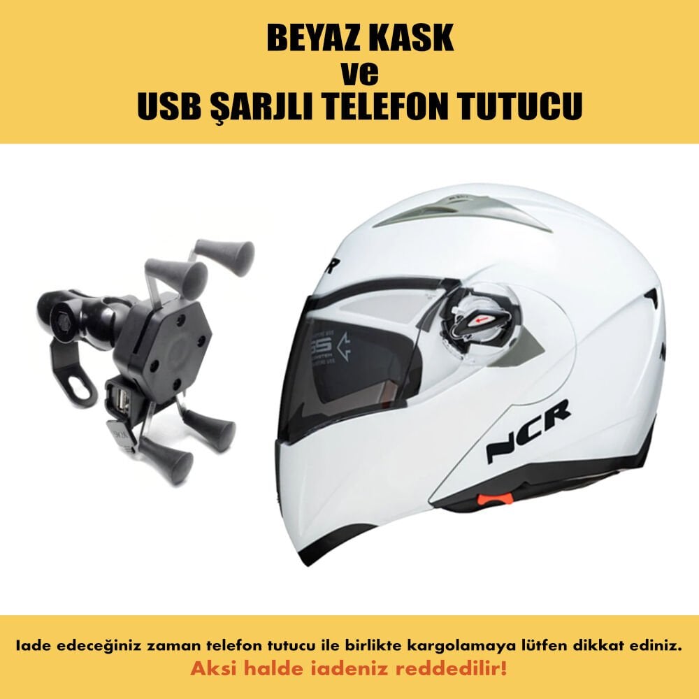 NCR ÇENE AÇILIR KASK BEYAZ ve USB ŞARJLI TELEFON TUTUCU (ECE BELGELİ)