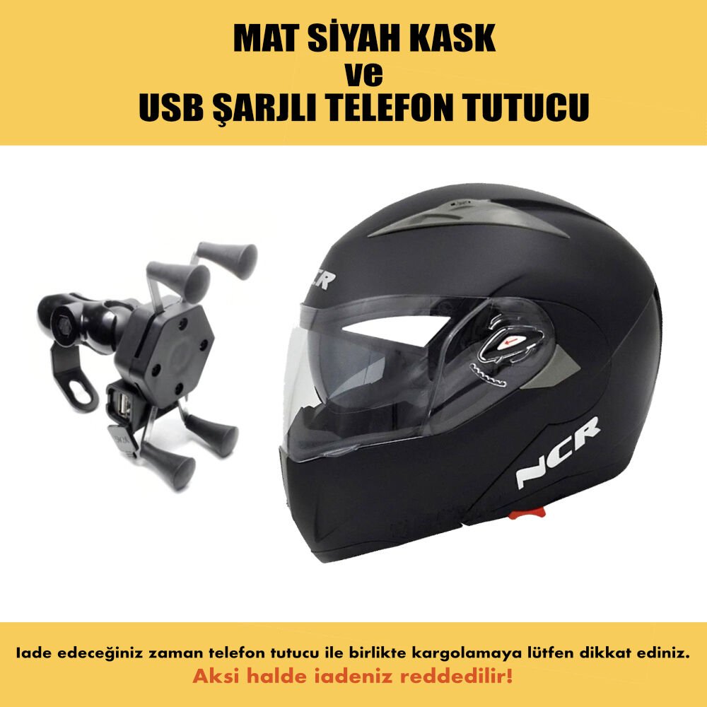 NCR ÇENE AÇILIR KASK MAT SİYAH ve USB ŞARJLI TELEFON TUTUCU (ECE BELGELİ)