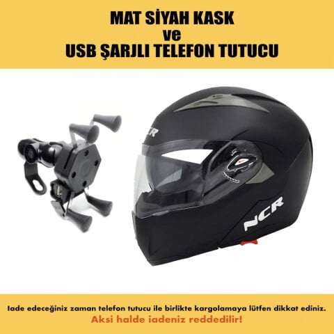 NCR ÇENE AÇILIR KASK MAT SİYAH ve USB ŞARJLI TELEFON TUTUCU (ECE BELGELİ)